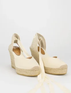 Espadrilla zeppa 9 cm beige tessuto