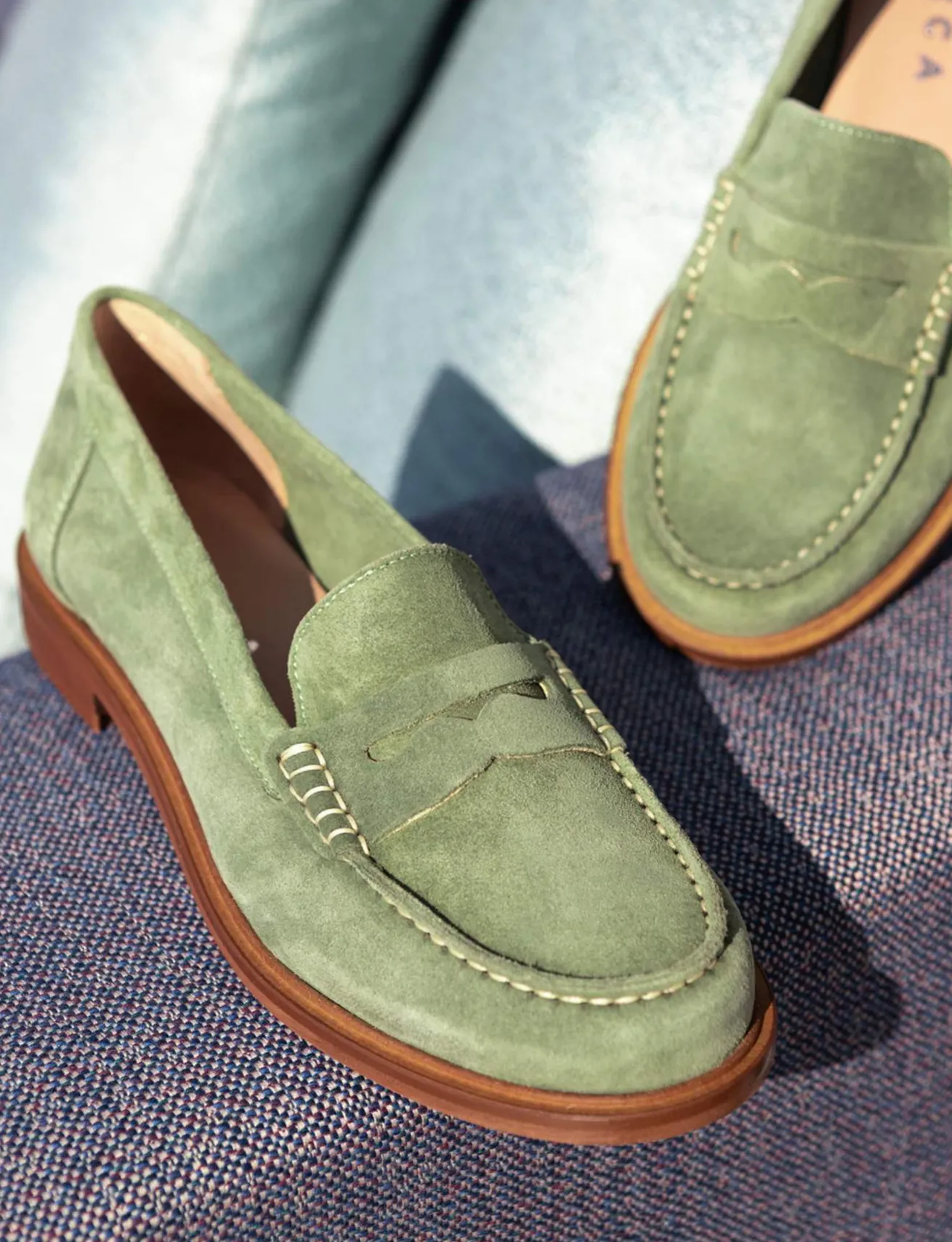 Mocassini tacco 1cm camoscio verde