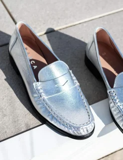 Mocassini tacco 1cm laminato argento