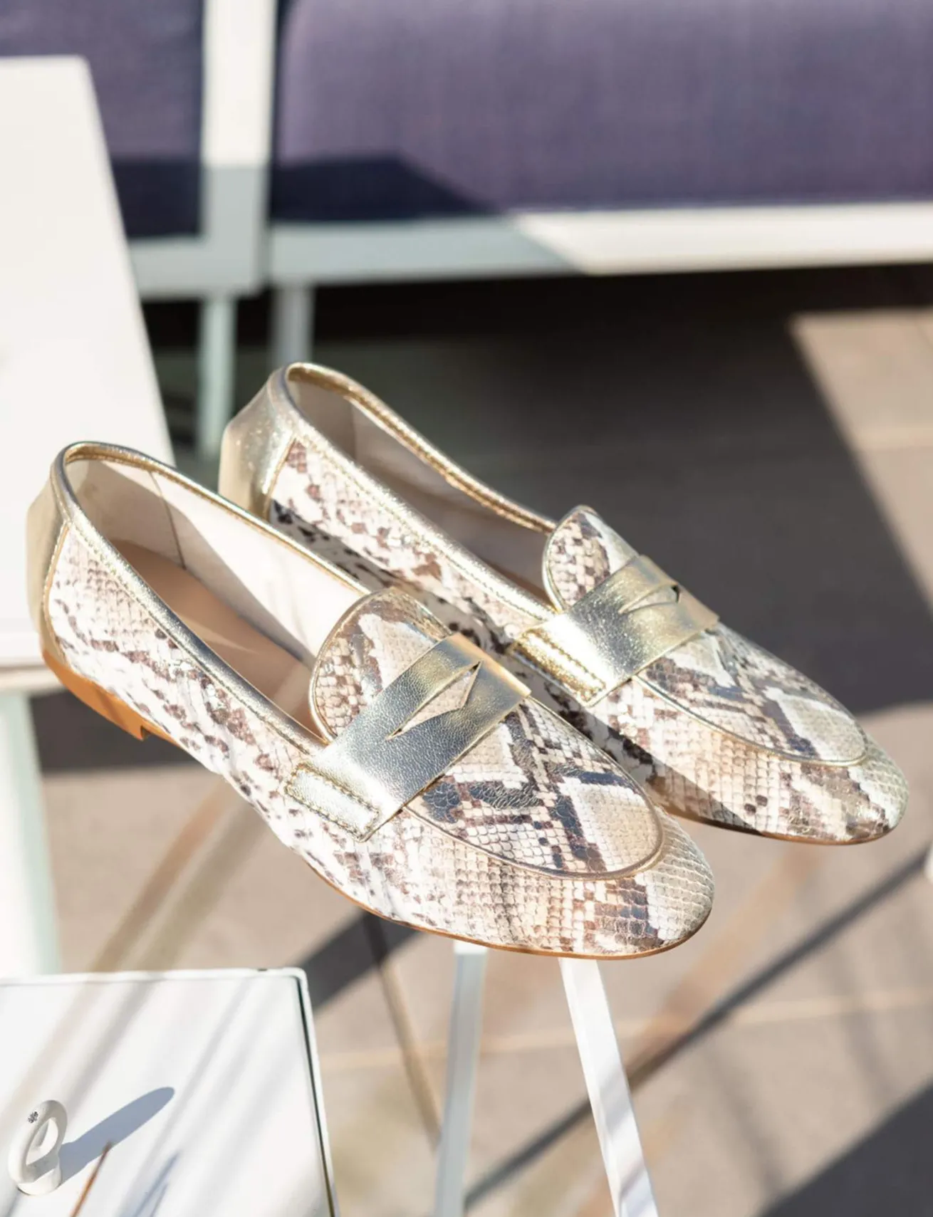 Mocassini tacco 1cm pitone oro