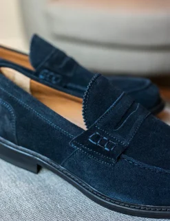 Mocassino tacco 2 cm blu camoscio