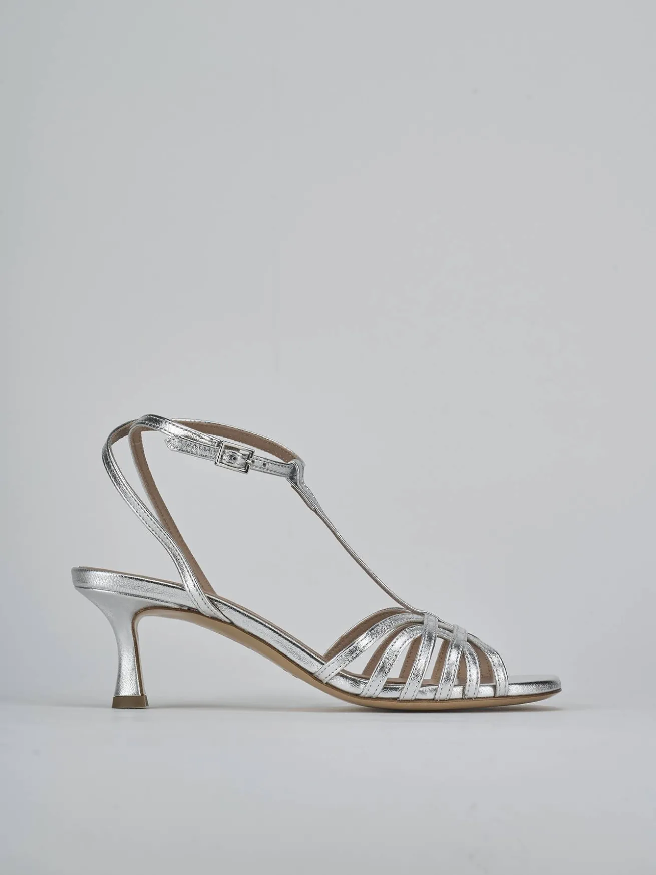 Sandali tacco 5cm laminato argento