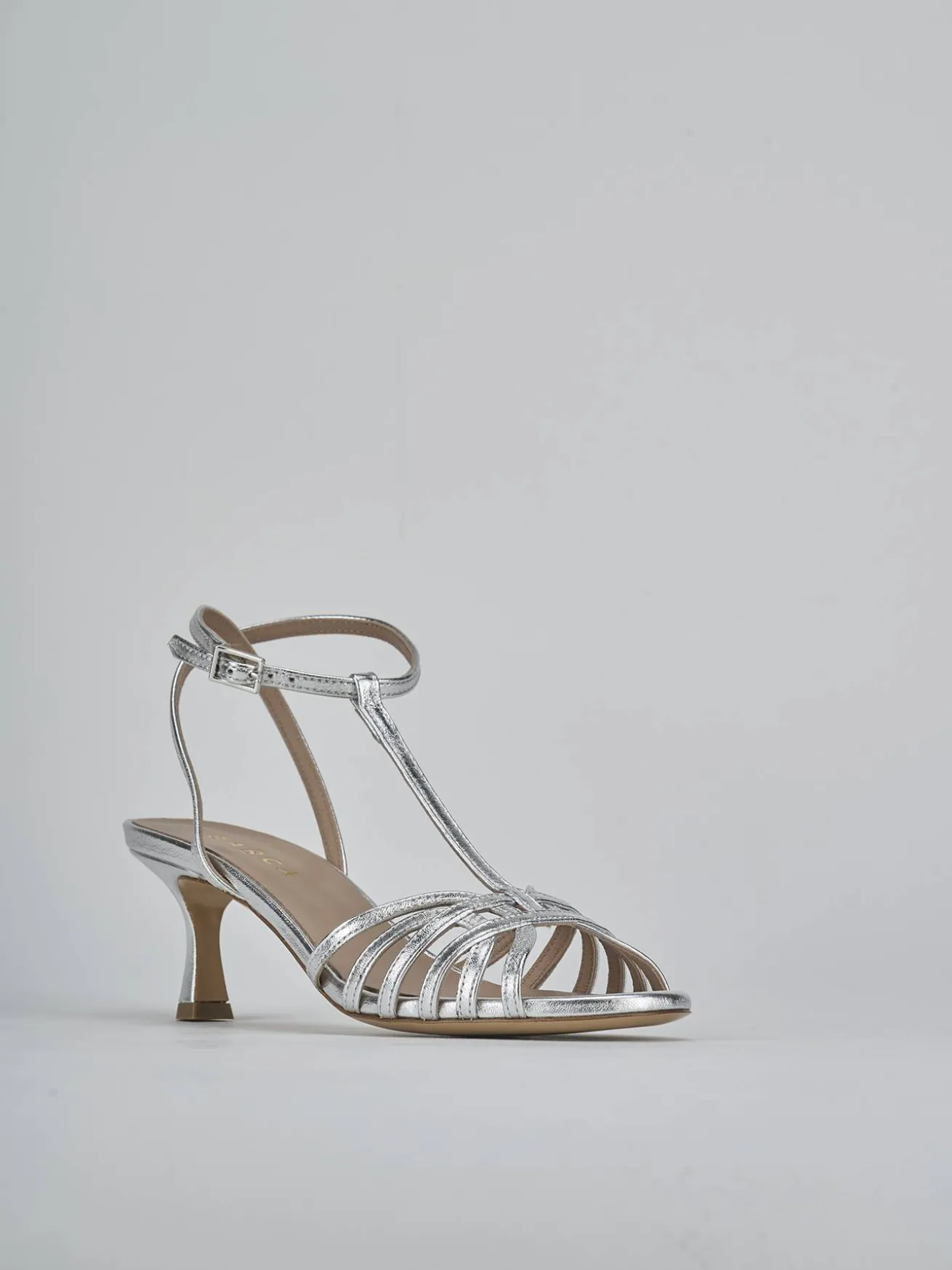 Sandali tacco 5cm laminato argento