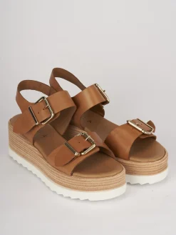 Sandali zeppa tacco 4cm pelle marrone