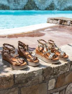 Sandali zeppa tacco 8cm pelle marrone