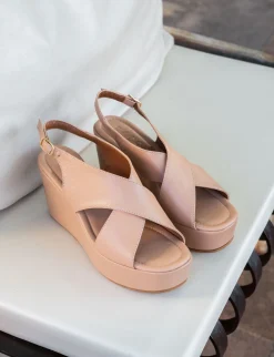 Sandali zeppa tacco 8cm pelle marrone