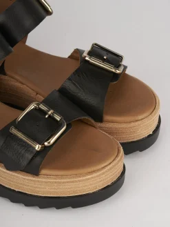 Sandali zeppa tacco 4cm pelle nero