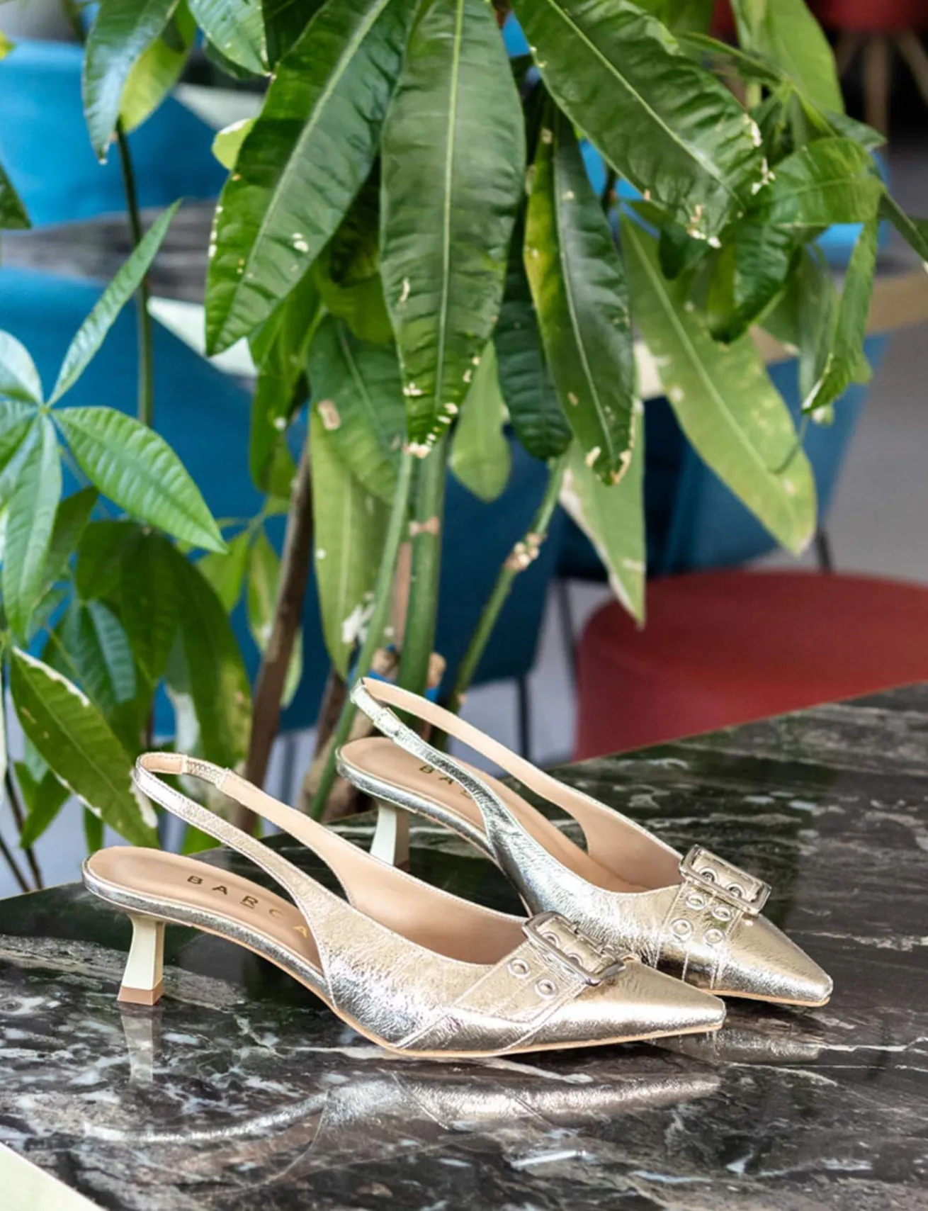 Slingback tacco 7cm laminato oro