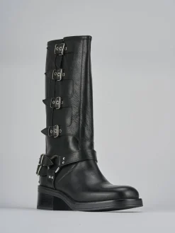 Stivale biker tacco 5 cm nero pelle