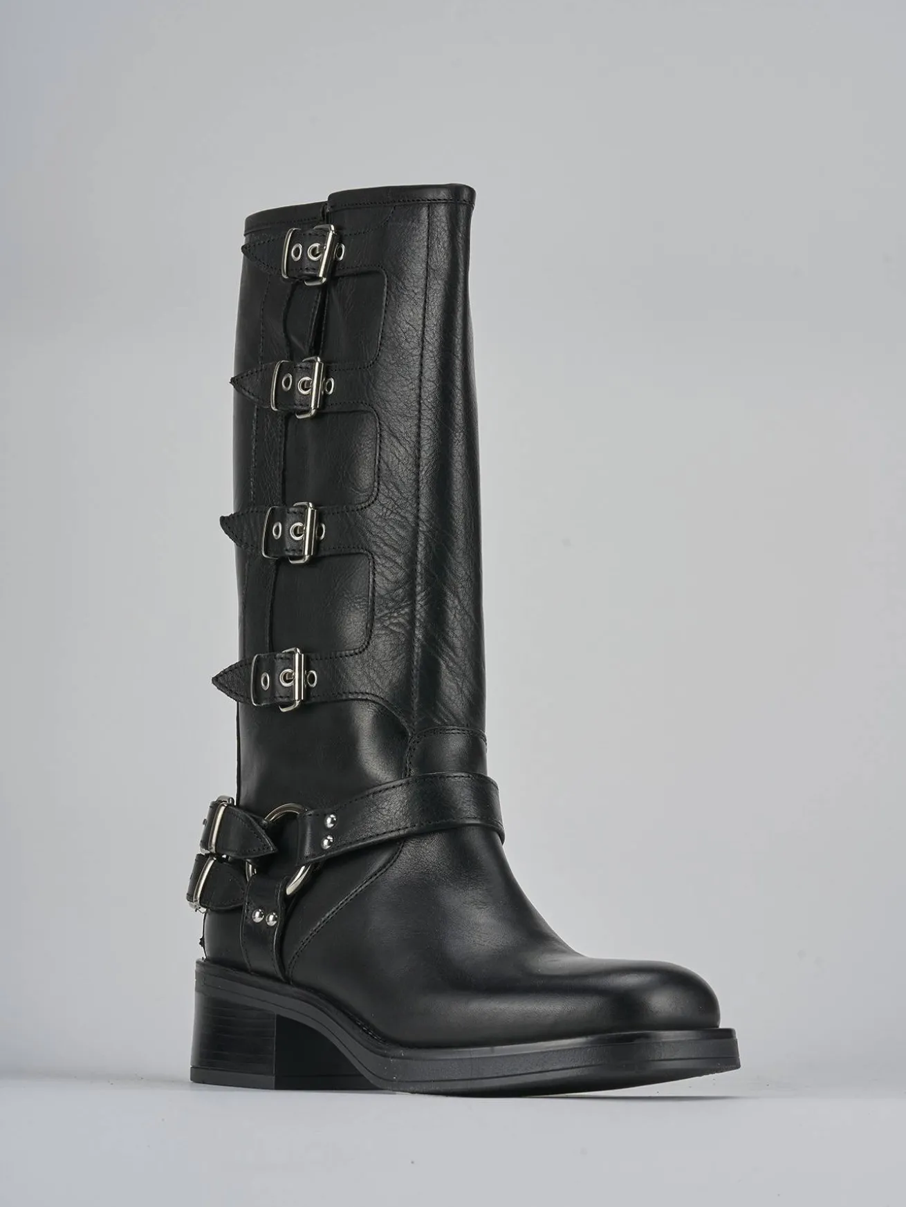 Stivale biker tacco 5 cm nero pelle