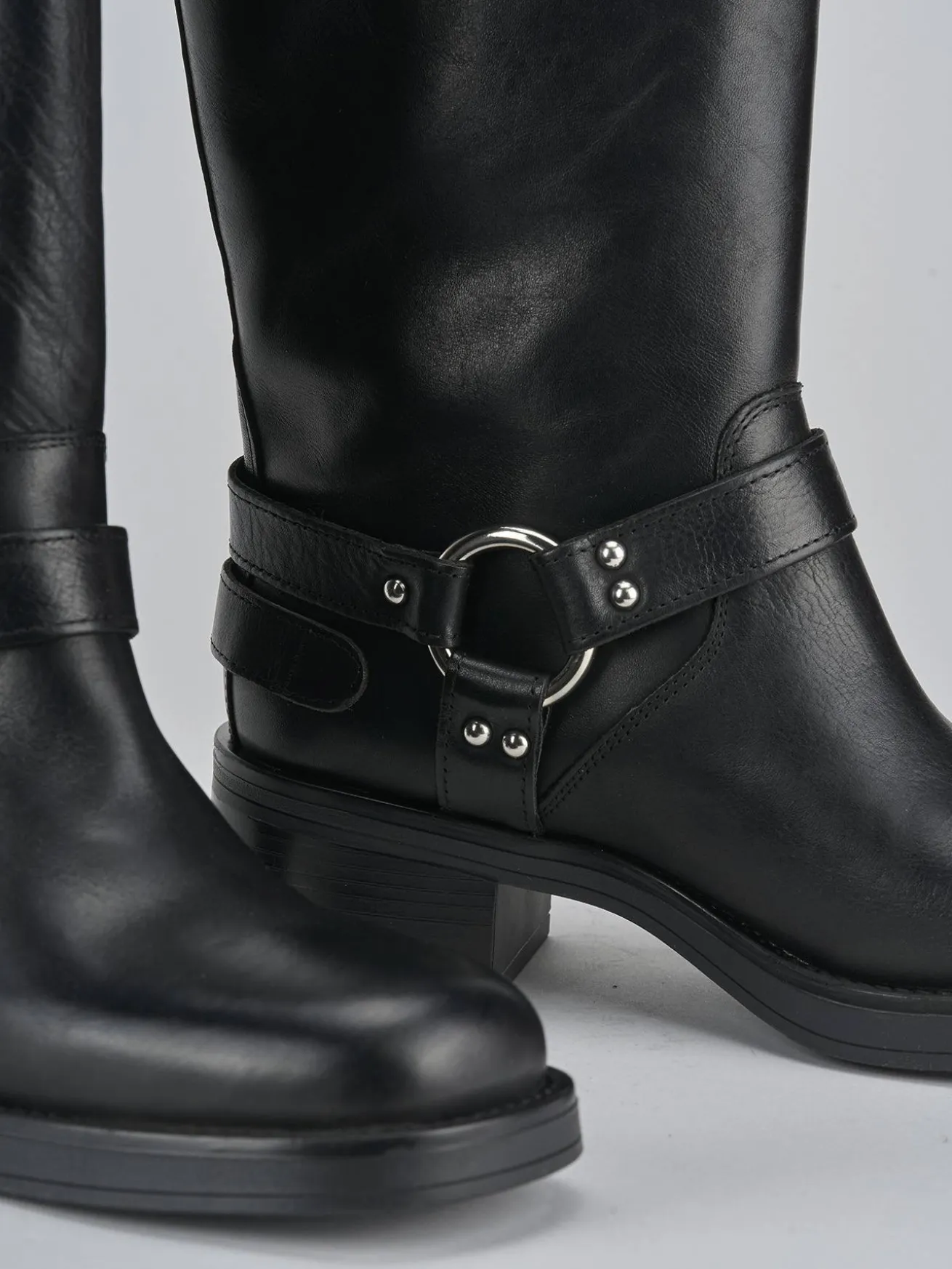 Stivale biker tacco 5 cm nero pelle