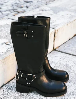 Stivale biker tacco 5 cm nero pelle