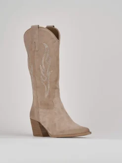 Stivale texano tacco 7 cm beige camoscio